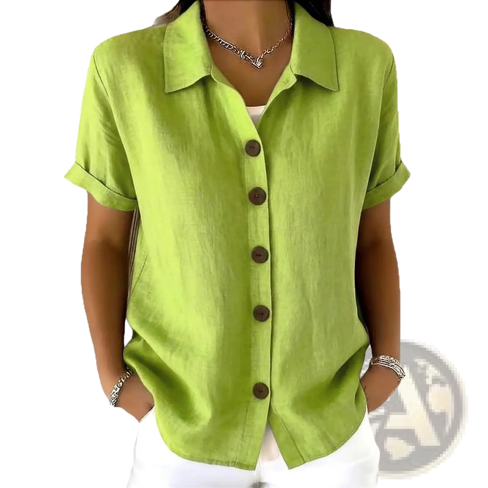 A vibrant lime green women’s linen blend short sleeve shirt with classic collar and rolled cuffs