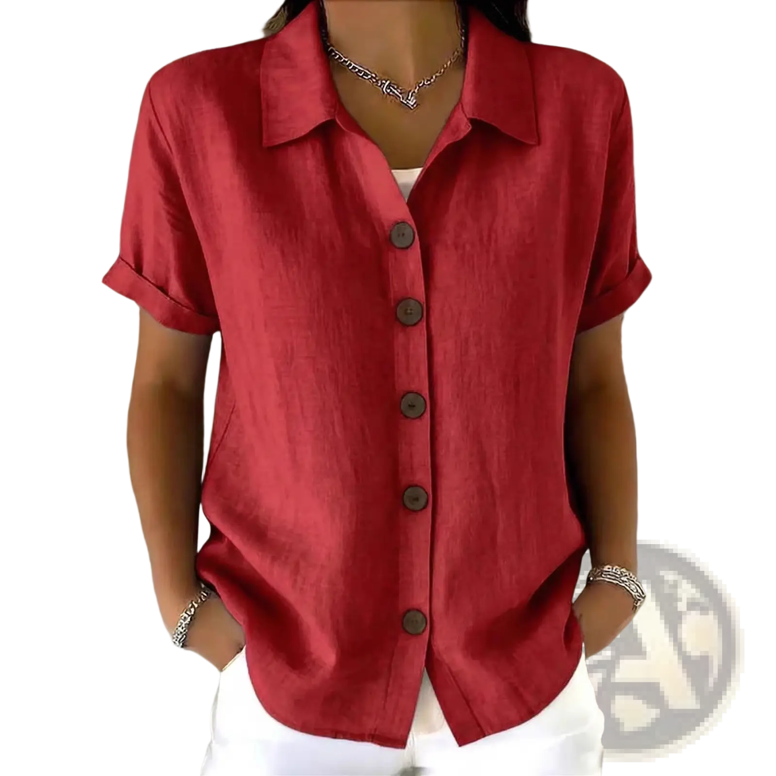 A vibrant red women’s linen blend short sleeve shirt with rolled cuffs and button-up front for casual wear
