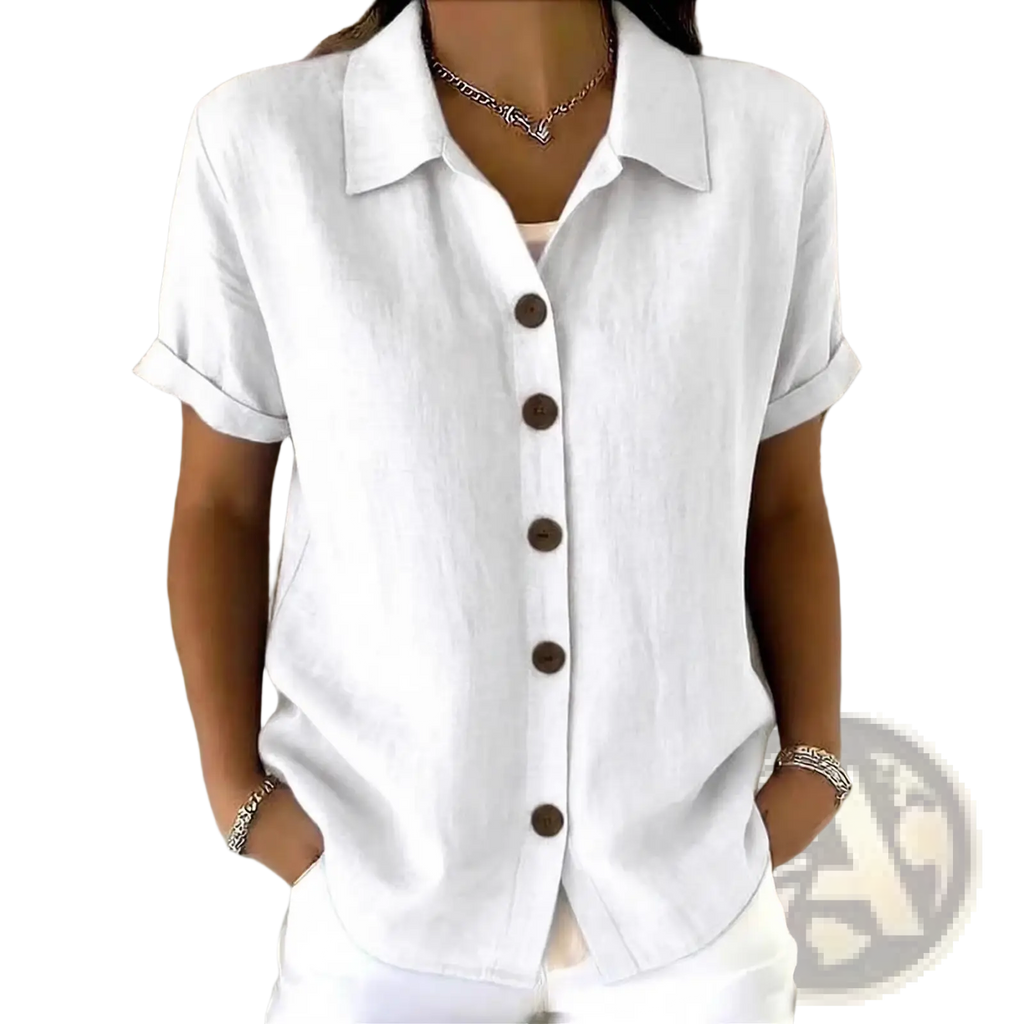 White women’s linen blend short sleeve shirt with rolled cuffs and dark brown buttons for casual wear