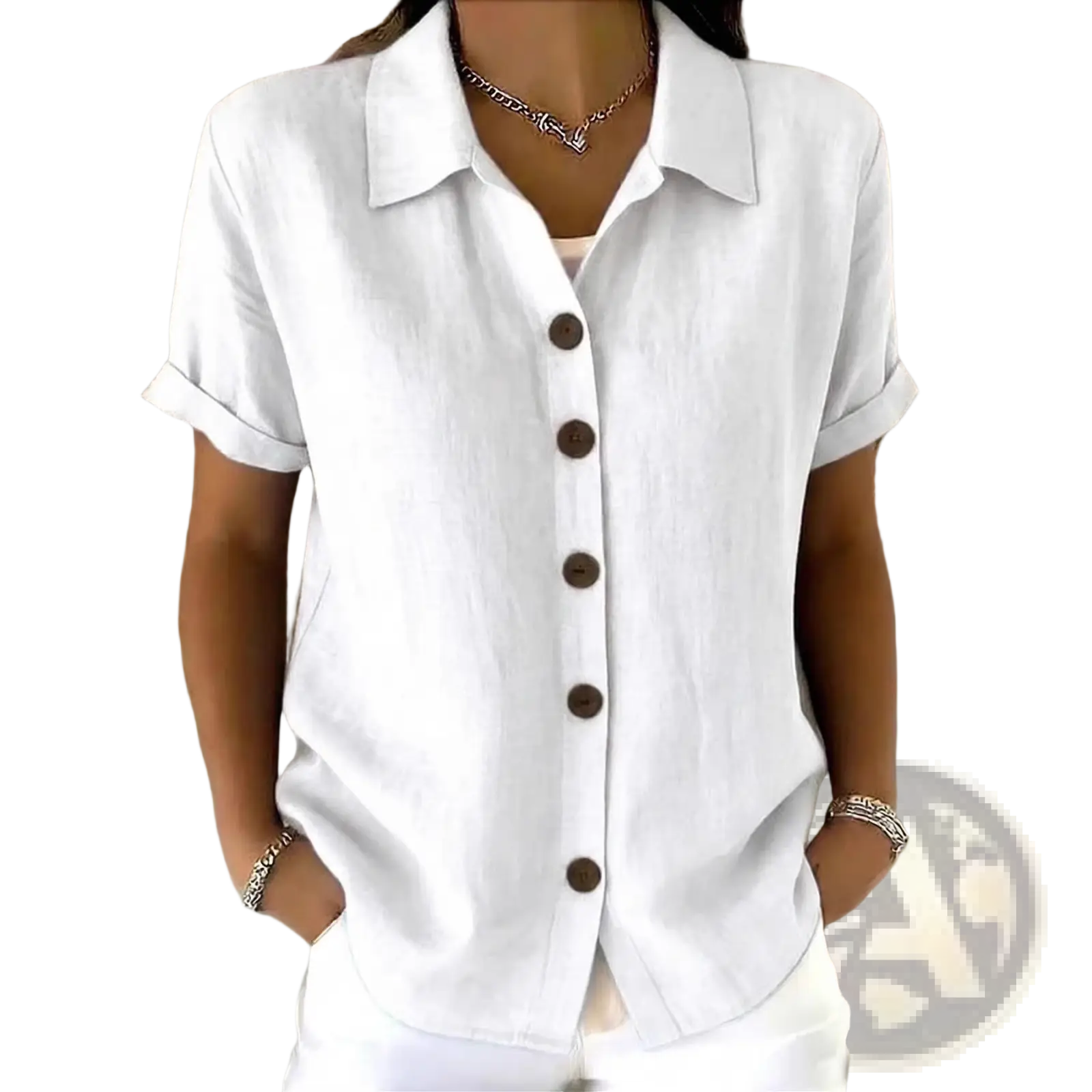 White women’s linen blend short sleeve shirt with rolled cuffs and dark brown buttons for casual wear