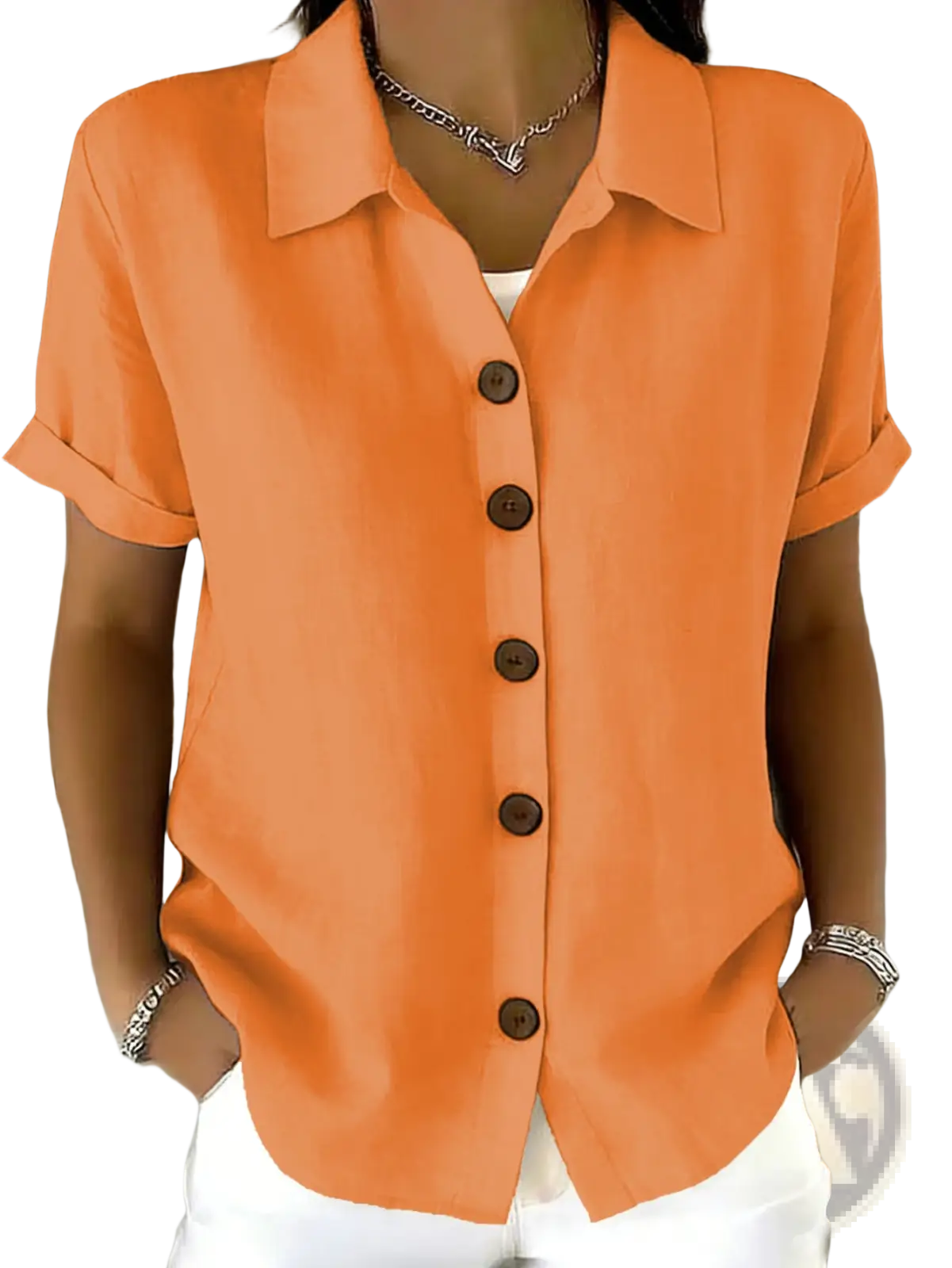 Women’s orange linen blend short sleeve shirt with rolled cuffs and dark brown buttons for casual wear