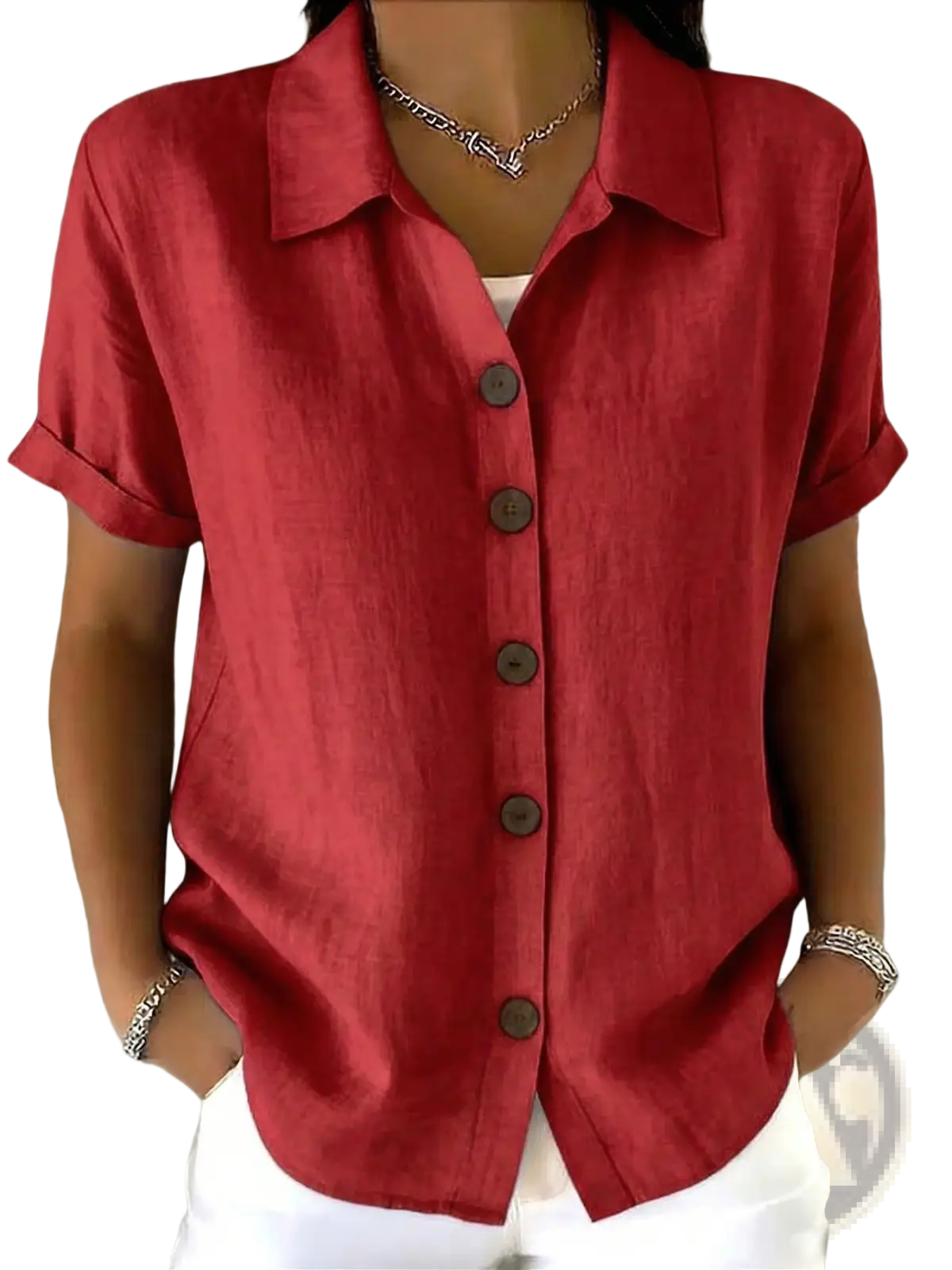 Women’s red linen blend short sleeve shirt with collar and dark brown buttons for casual wear