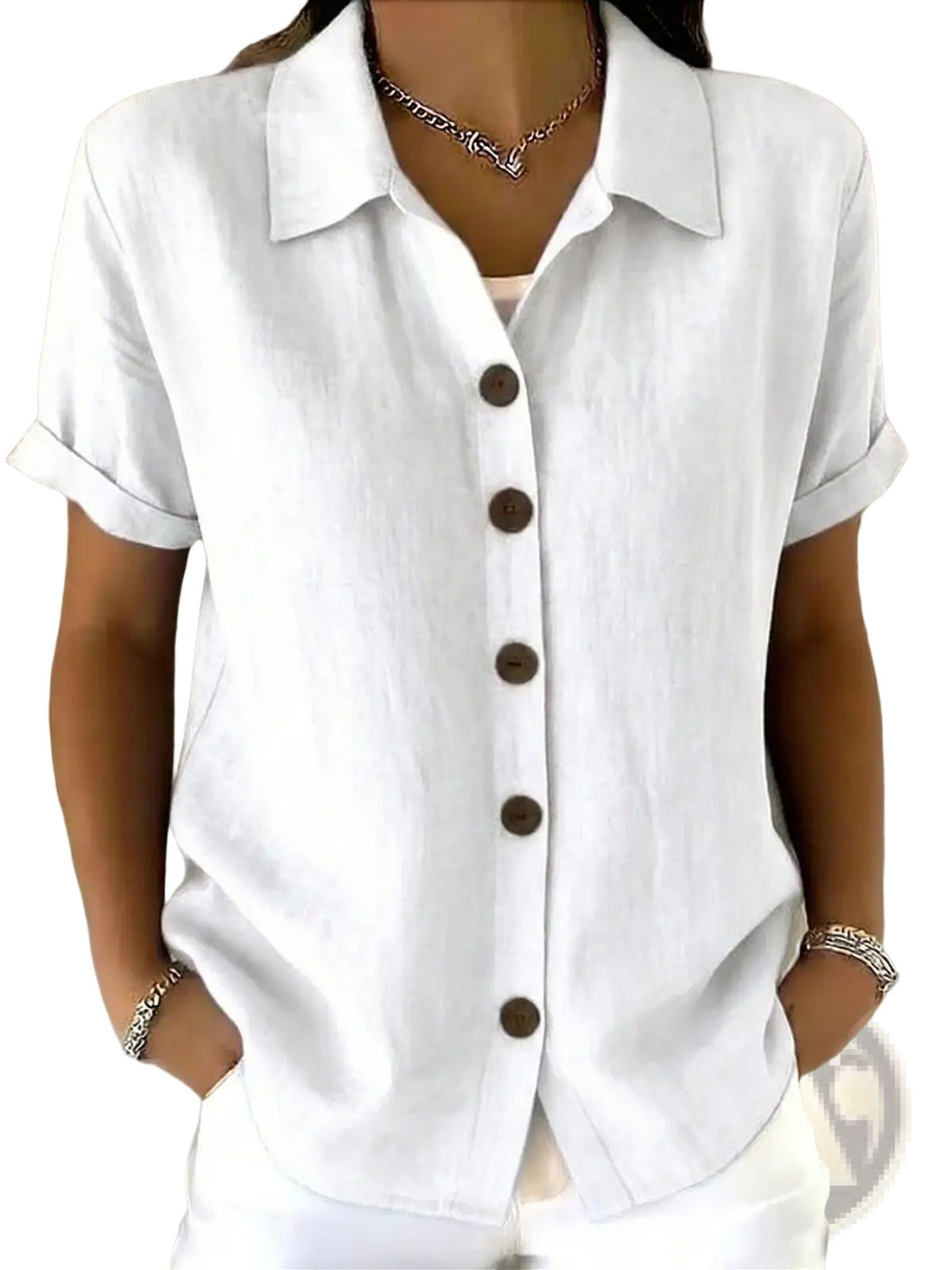 White linen blend women’s short sleeve shirt with rolled cuffs and dark brown buttons ideal for casual wear