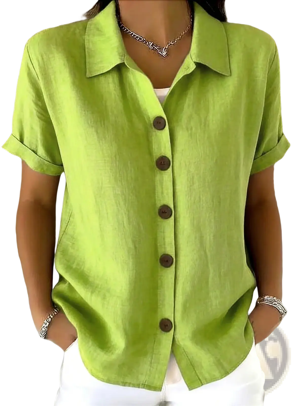 Women’s linen blend short sleeve shirt in vibrant lime green with rolled cuffs classic collar and dark brown buttons