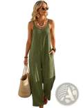 Olive green womens linen wide leg jumpsuit with thin straps made of breathable linen fabric