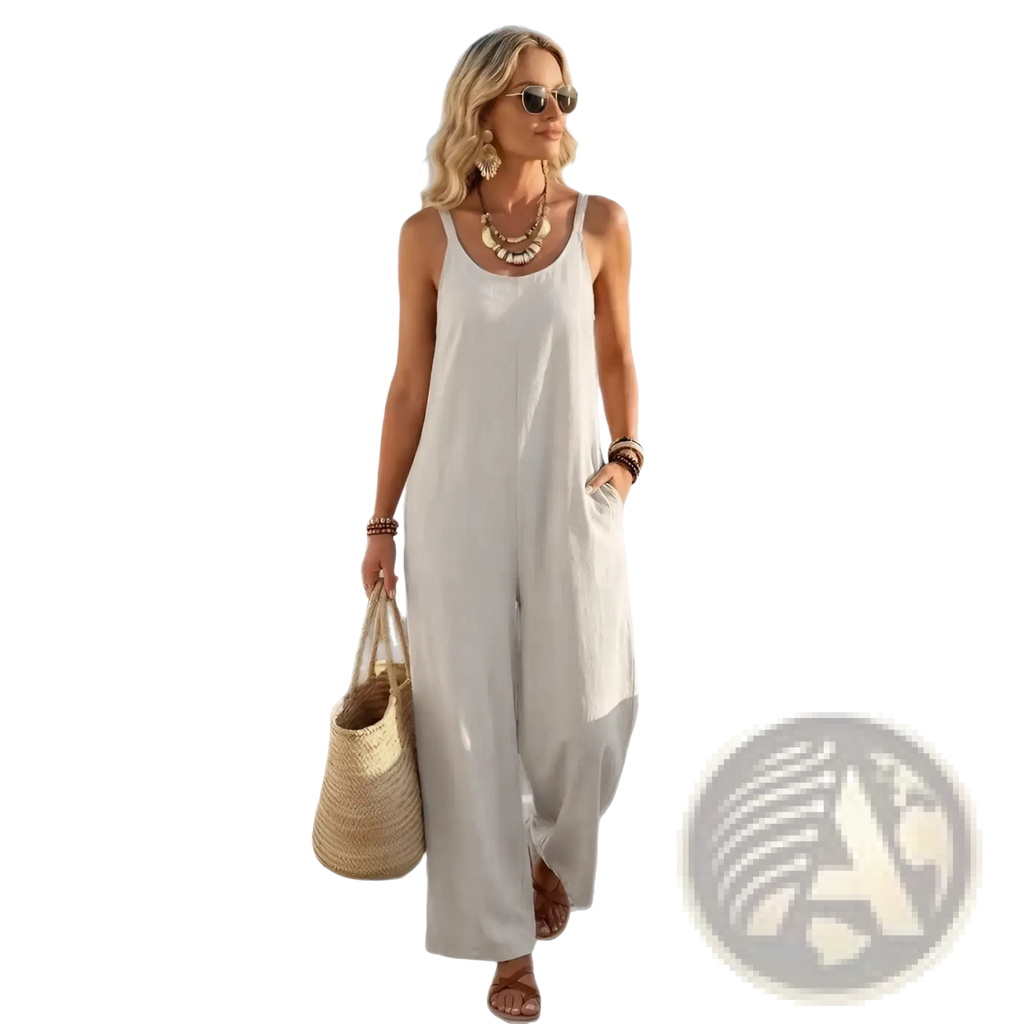 Off-white sleeveless linen wide leg jumpsuit with relaxed fit and flowing wide leg pants for women