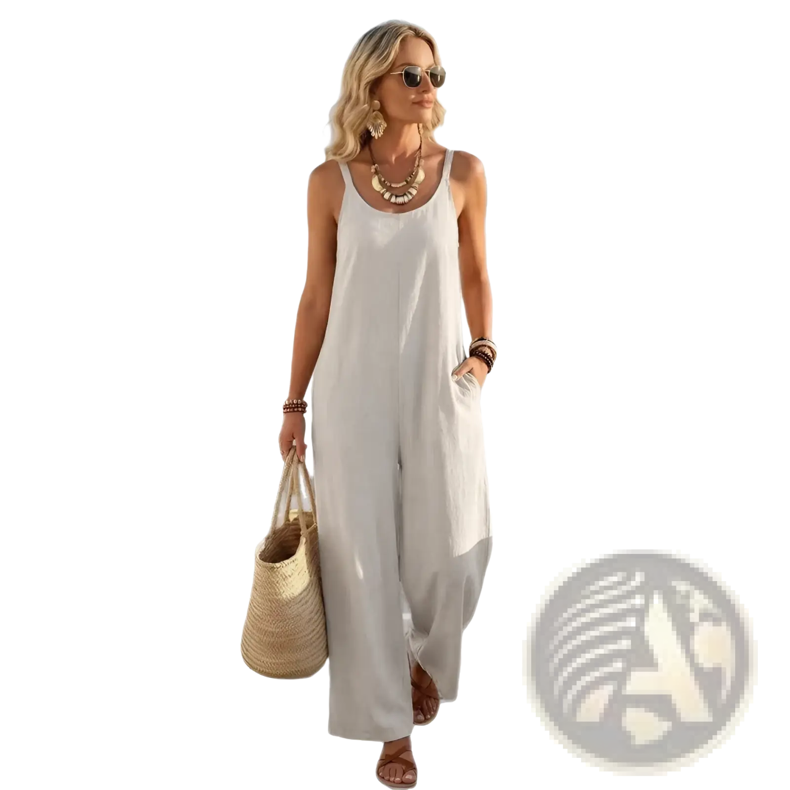 Off-white sleeveless linen wide leg jumpsuit with relaxed fit and flowing wide leg pants for women