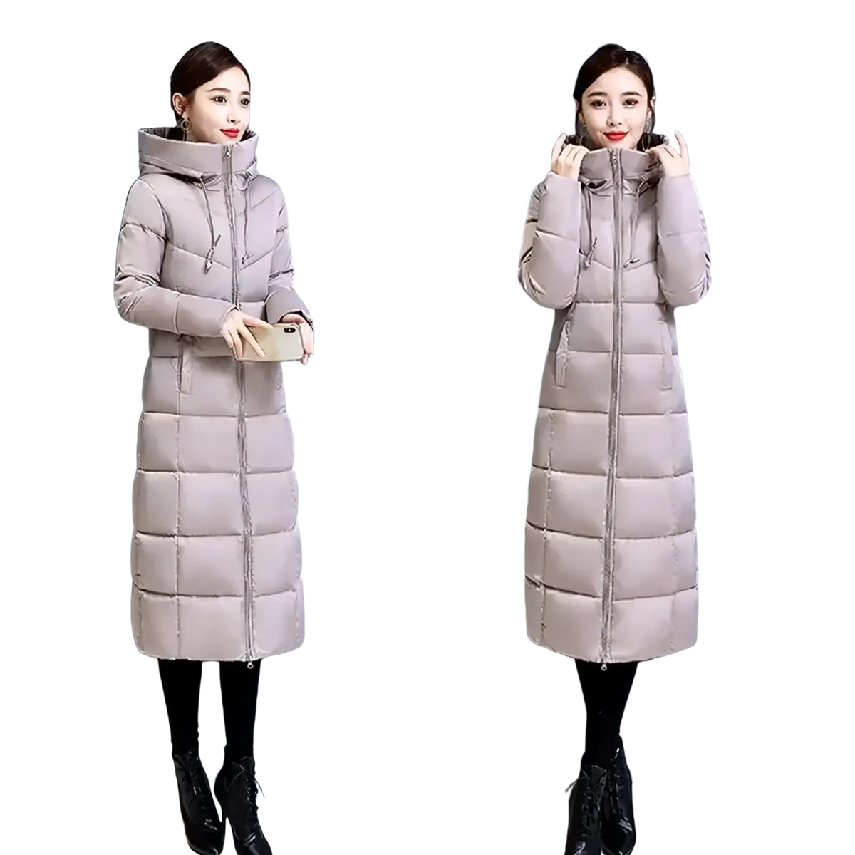 Beige quilted down women’s long padded winter parka coat with hood and front zipper for cold weather