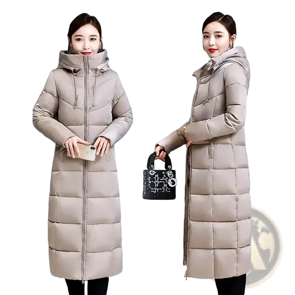 Beige quilted long padded winter parka coat with central zipper and drawstring hood for women