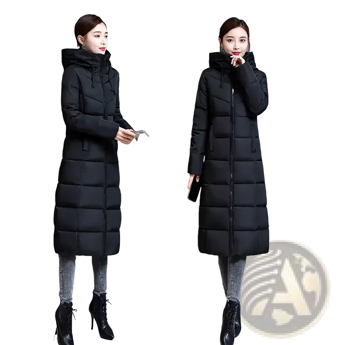 Women’s long padded winter parka coat in black quilted fabric with a hood and front zipper for cold weather