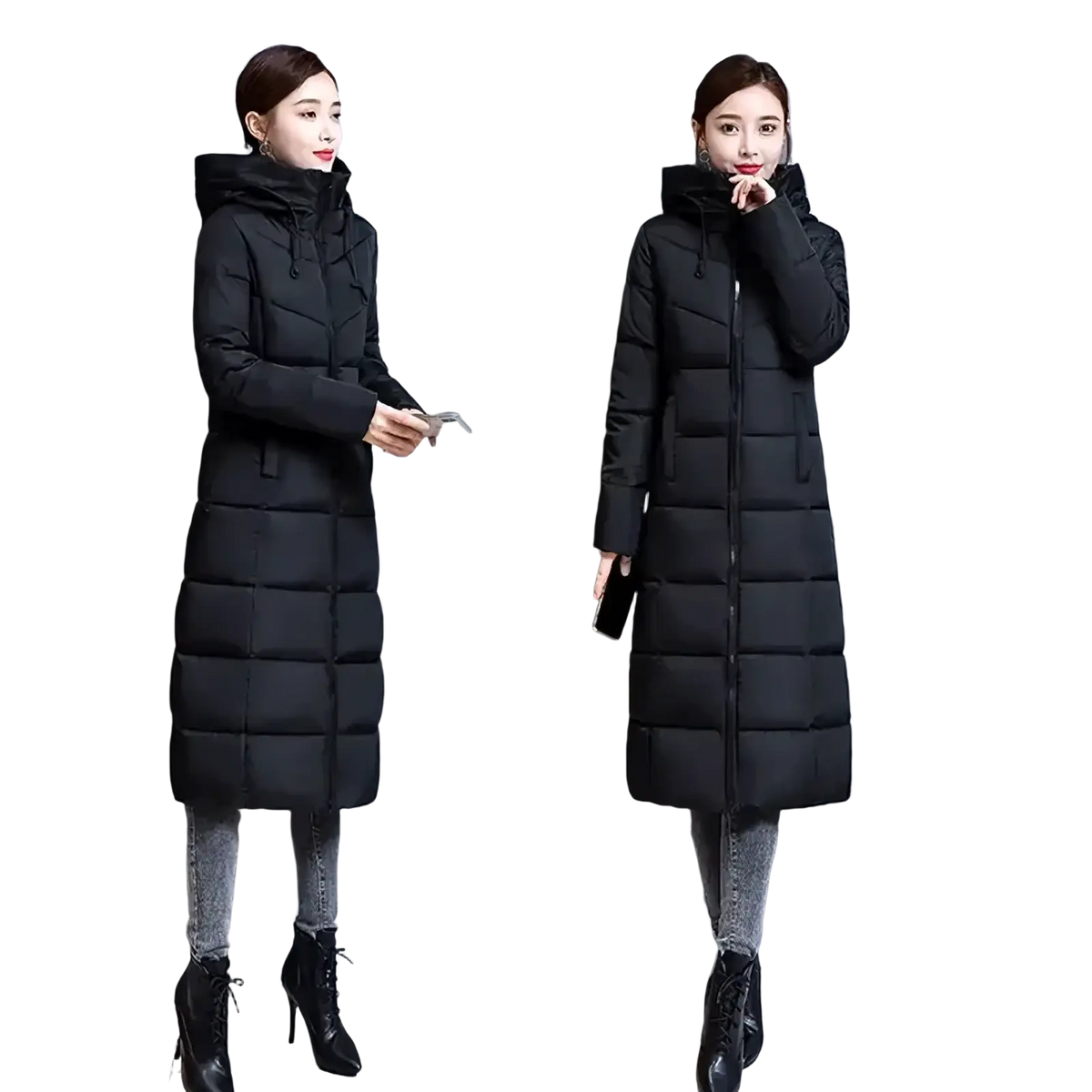Women’s long padded winter parka coat in black quilted fabric with a hood and front zipper for cold weather