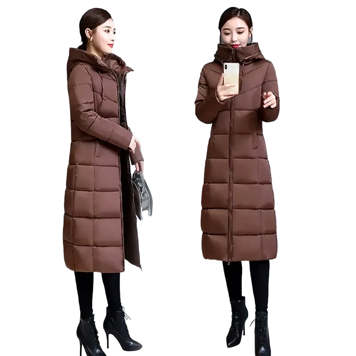 Women’s long padded winter parka coat in brown quilted fabric with hood and front zipper for cold weather use