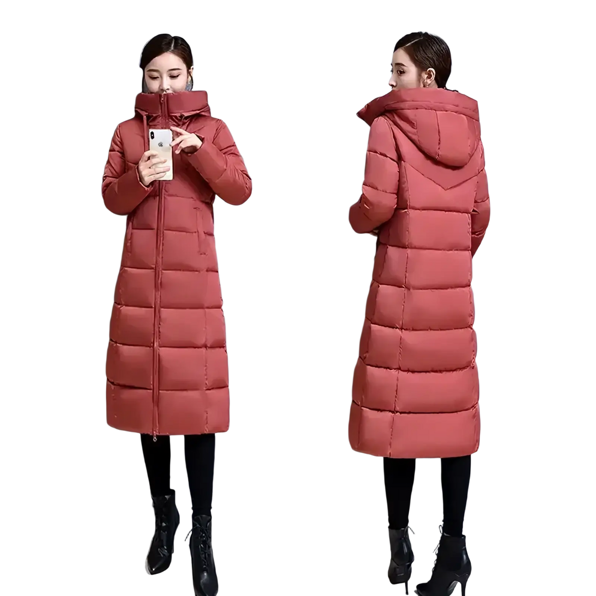 Women’s long padded winter parka coat in quilted pink with hood and front zipper for cold weather protection