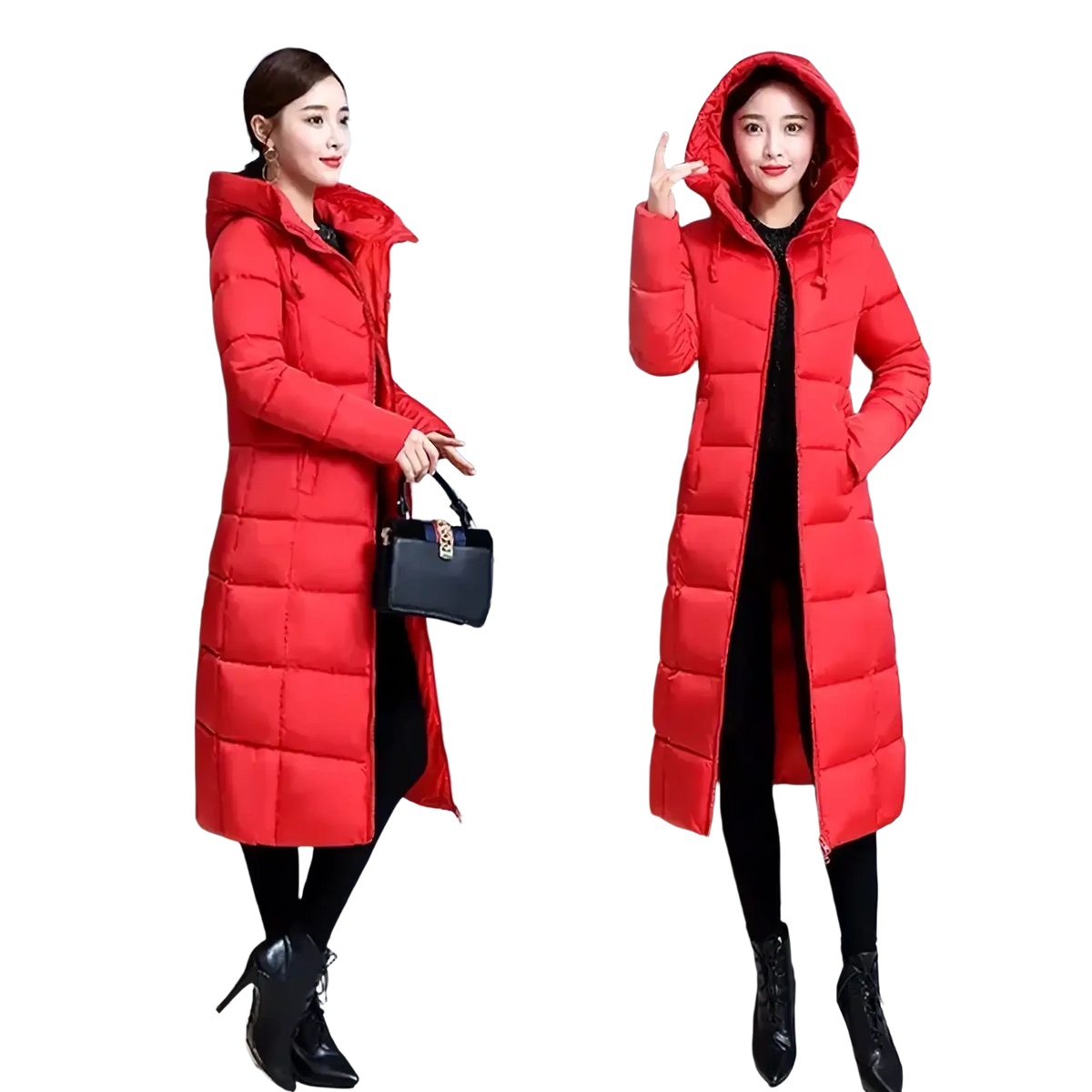 Women’s long padded winter parka coat in vibrant red quilted fabric with hood and black zipper detailing