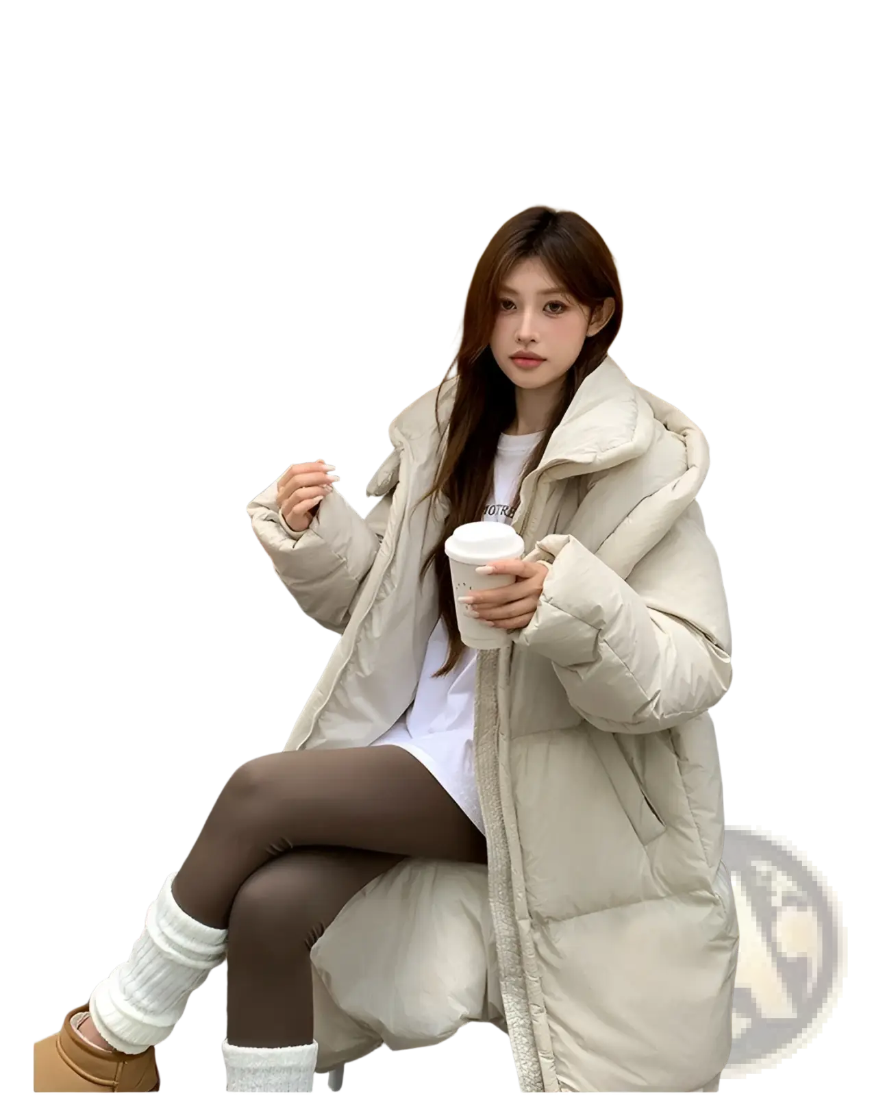 Beige women’s long quilted winter puffer coat with plush design and soft shearling lining for cold weather