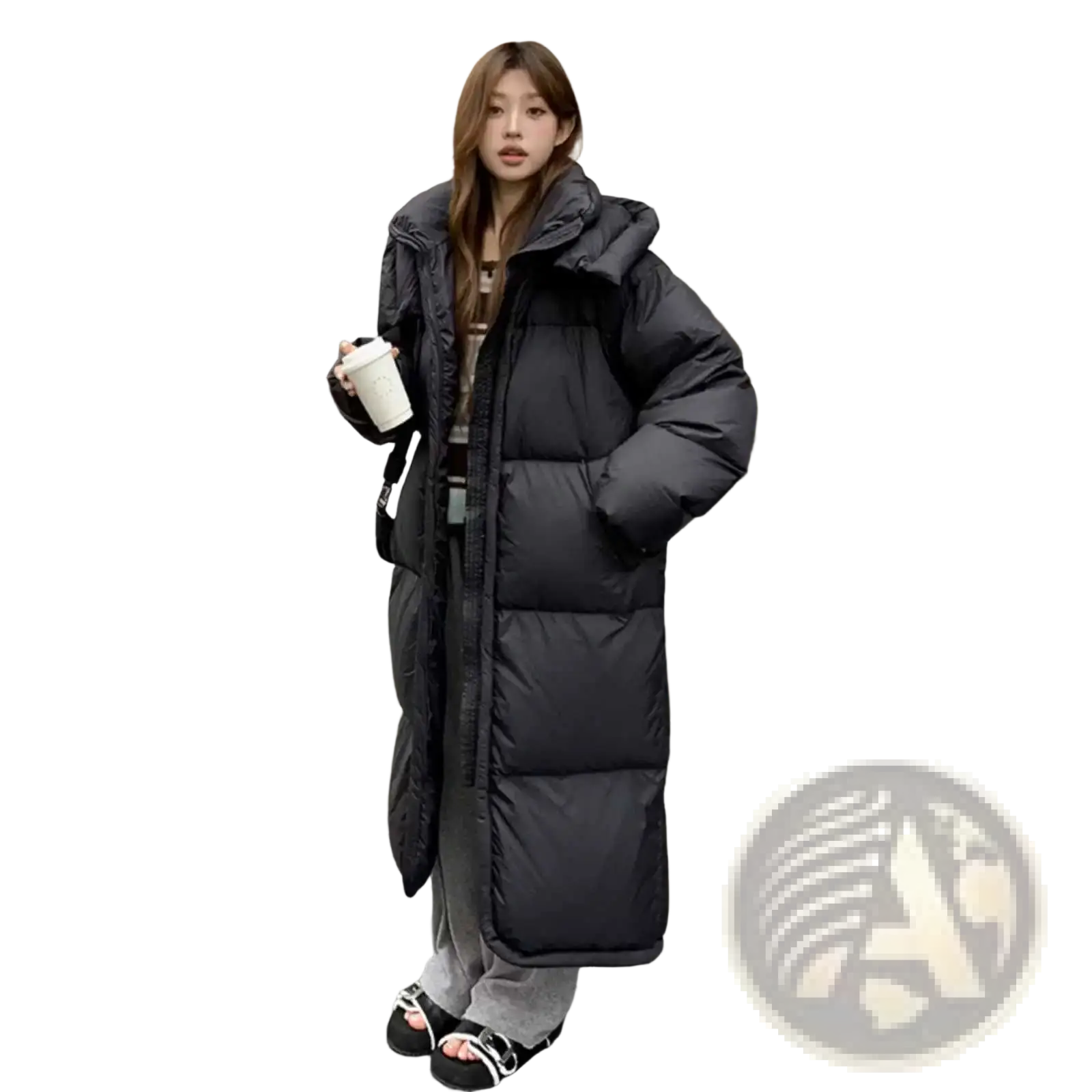 Black women’s long quilted winter puffer coat with hood designed for warmth and outdoor cold weather use