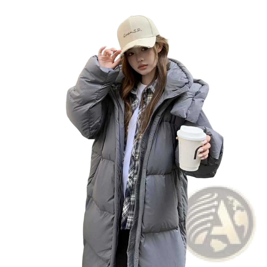 Women’s long gray quilted winter puffer coat with hood designed for cold weather protection