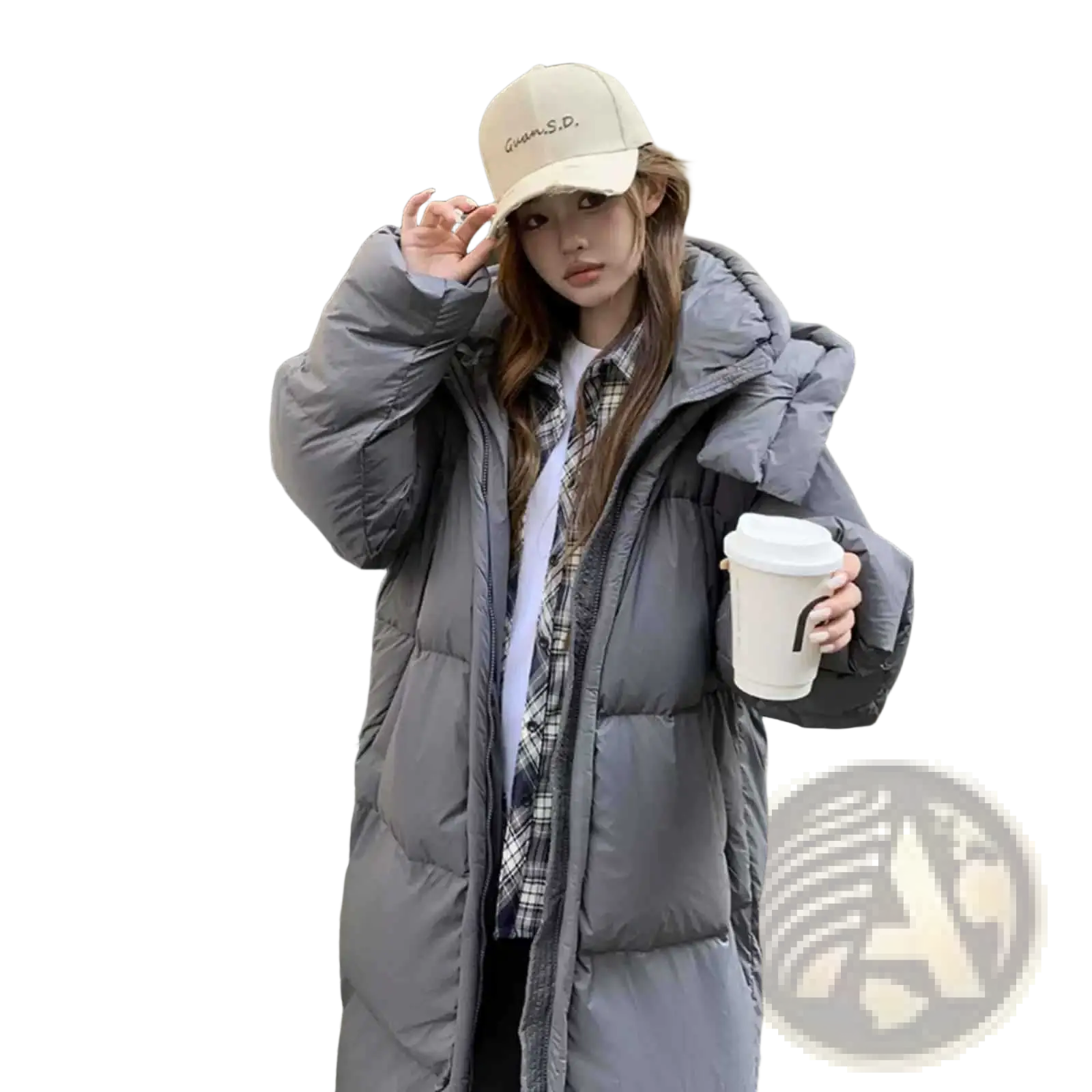 Women’s long gray quilted winter puffer coat with hood designed for cold weather protection