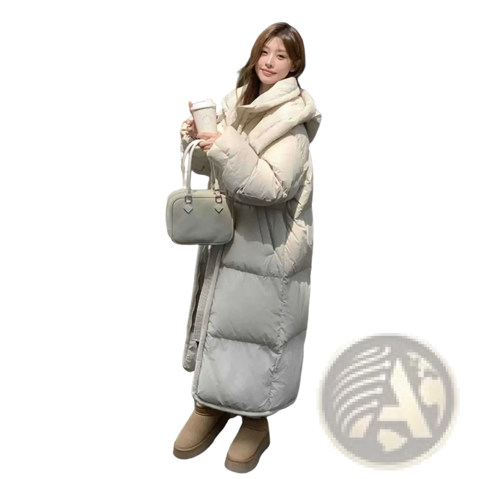 A long beige quilted down coat for women with a high collar designed for winter warmth