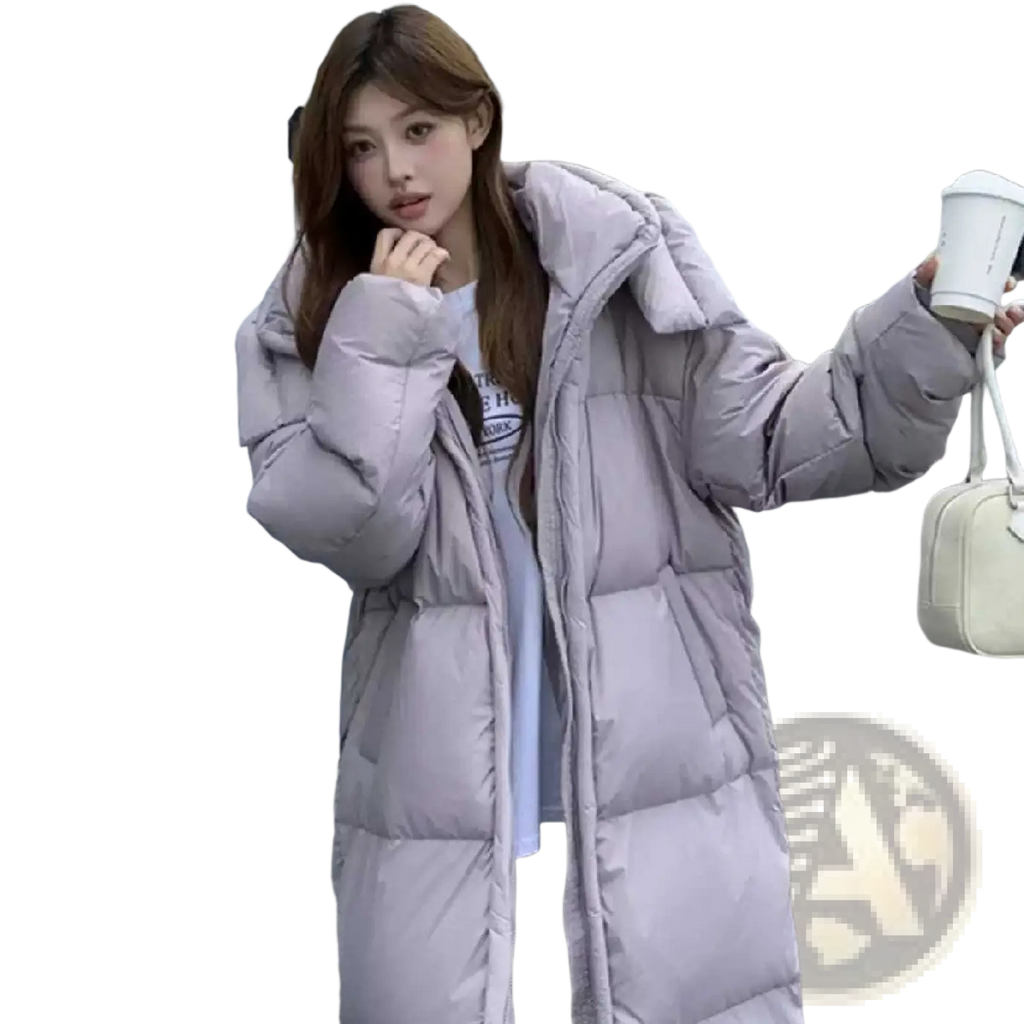 Women’s long quilted winter puffer coat in lavender with a high collar and down insulation for cold weather