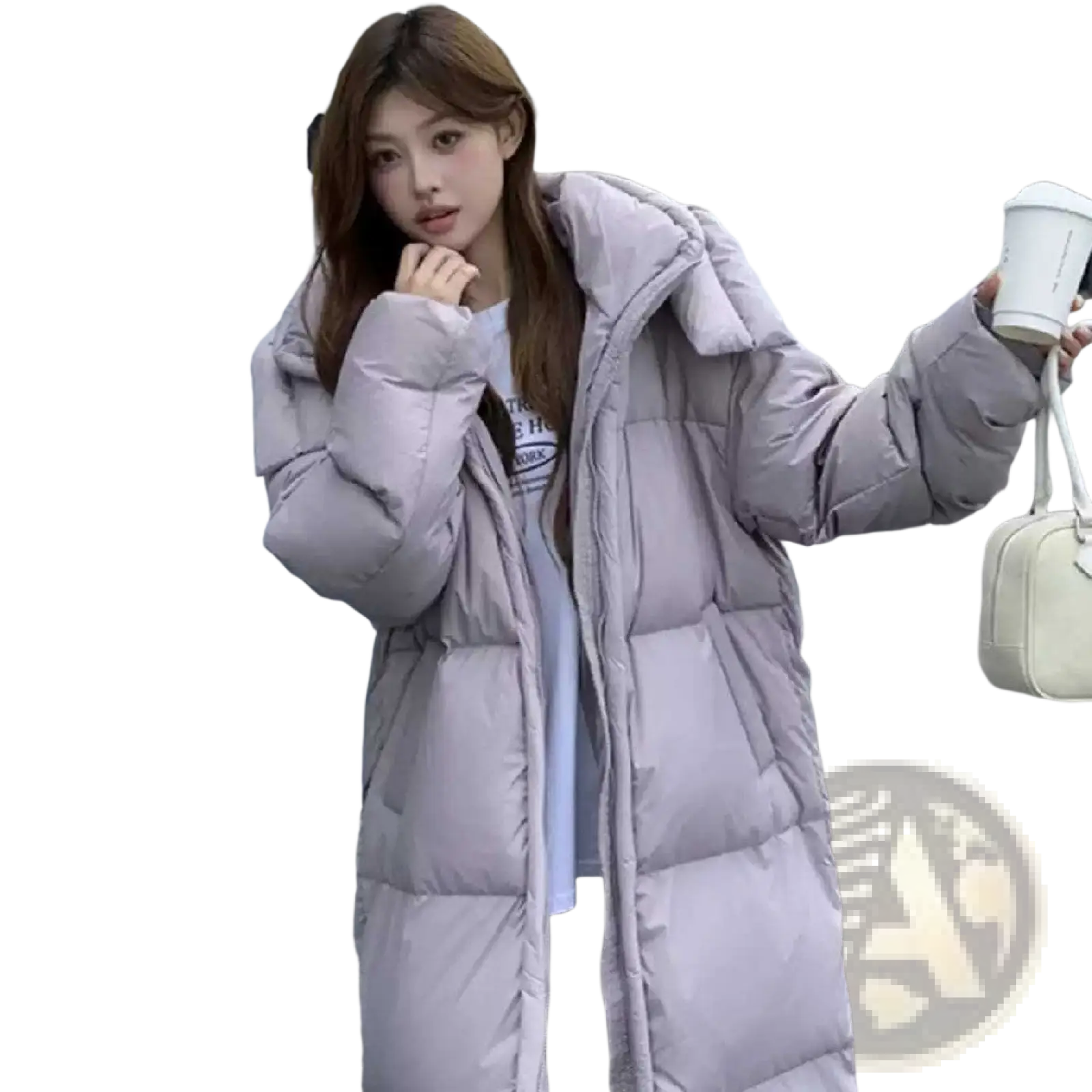 Women’s long quilted winter puffer coat in lavender with a high collar and down insulation for cold weather