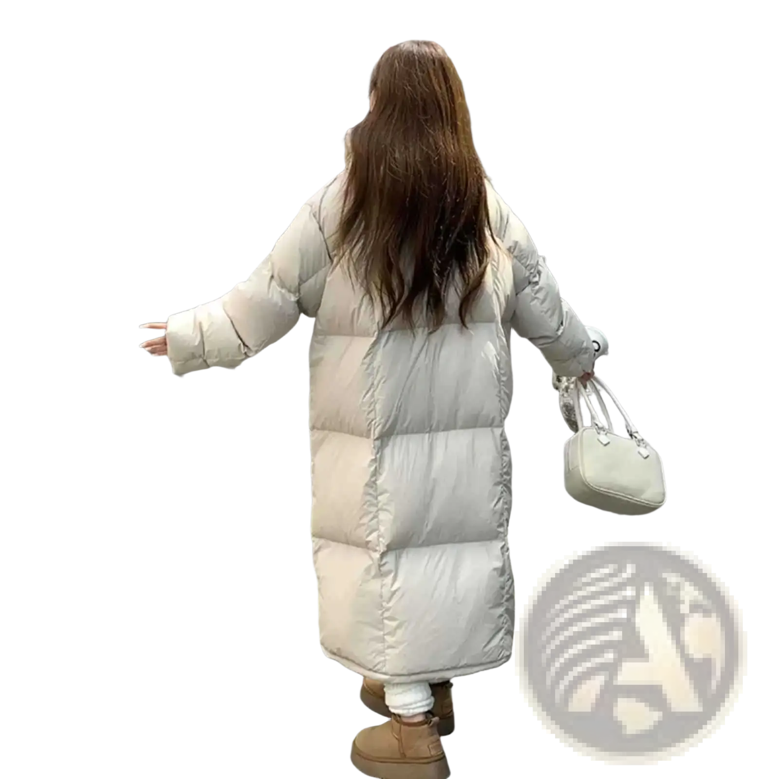 Women’s long off-white quilted down puffer coat with wide sleeves designed for winter warmth and style