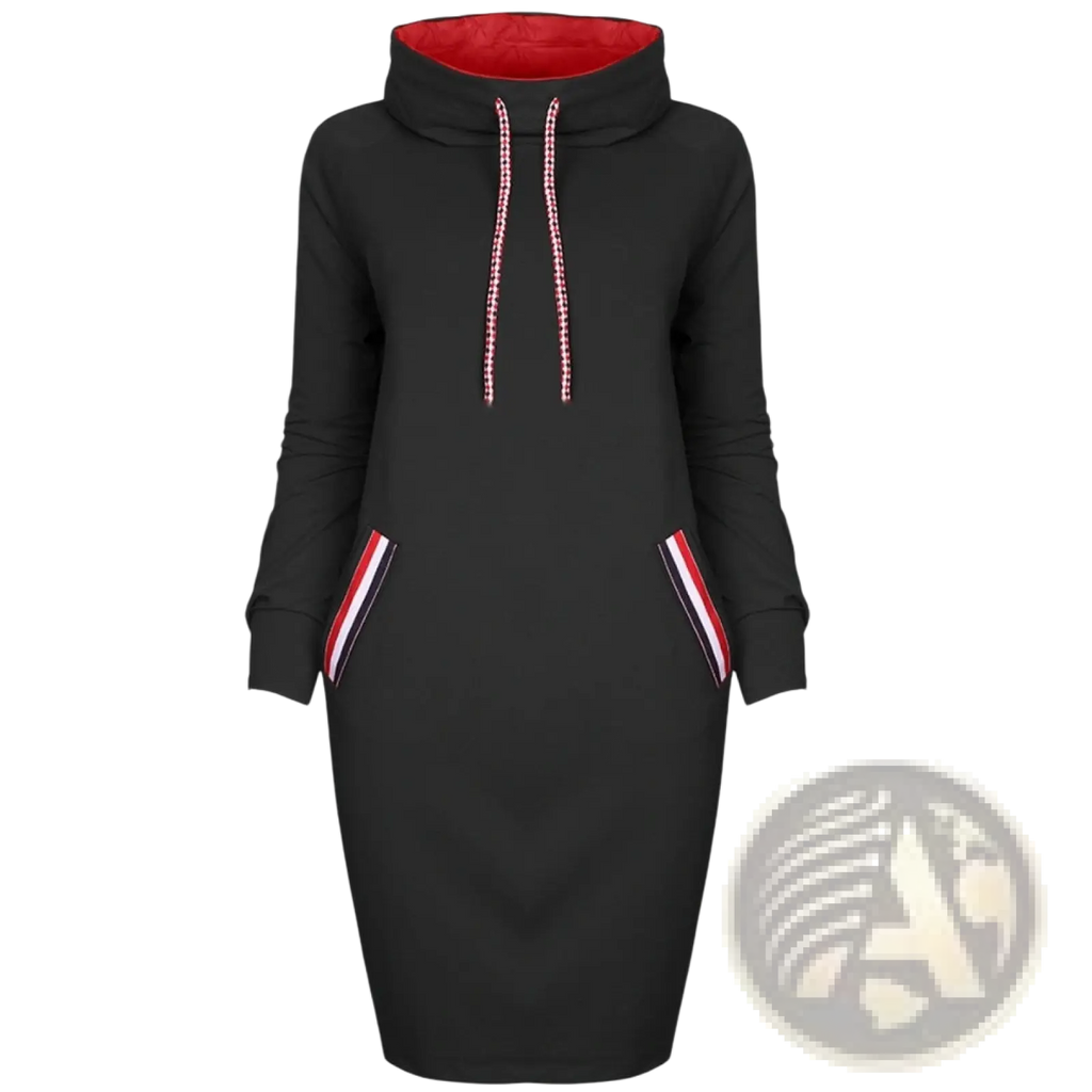 Black long sleeve high collar hooded midi dress with red-lined collar and striped trim pockets for women