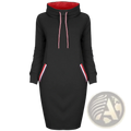 Black long sleeve high collar hooded midi dress with red-lined collar and striped trim pockets for women