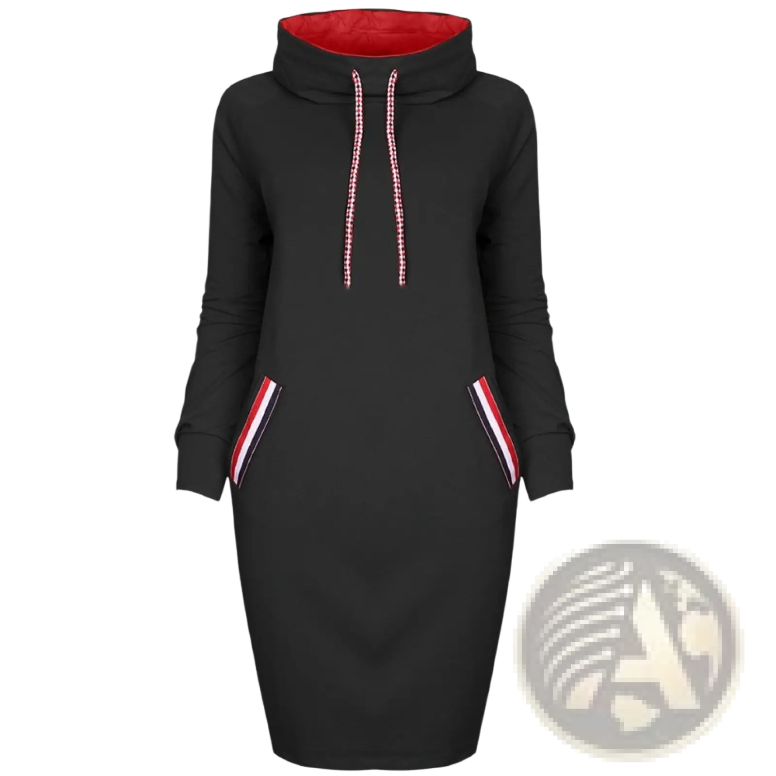 Black long sleeve high collar hooded midi dress with red-lined collar and striped trim pockets for women