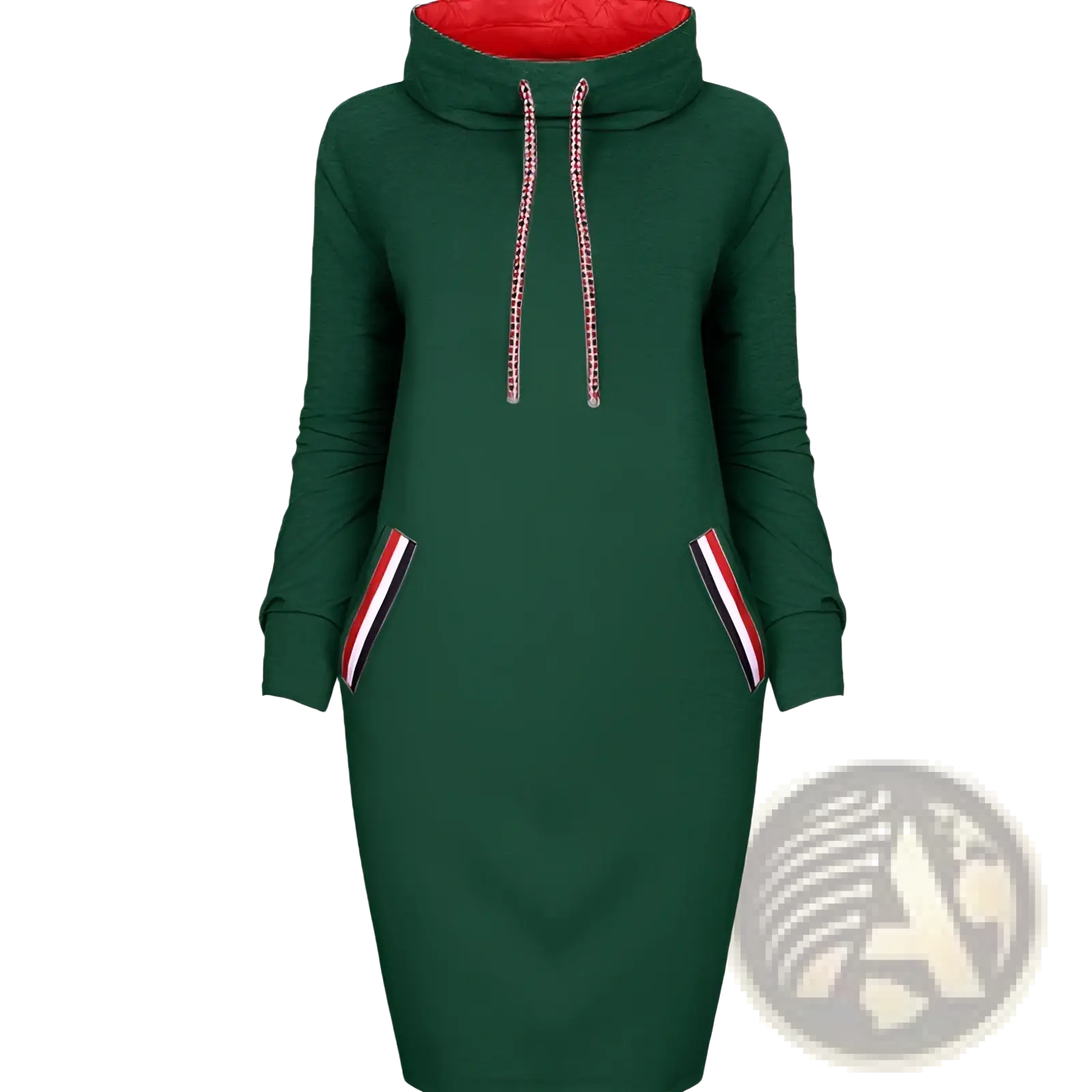 Dark green long sleeve high collar hooded midi dress with red-lined collar and striped pocket accents for women