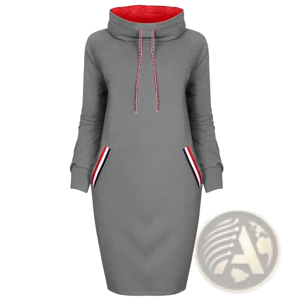 Women’s long sleeve high collar hooded midi dress in gray with red interior lining and striped pocket trim