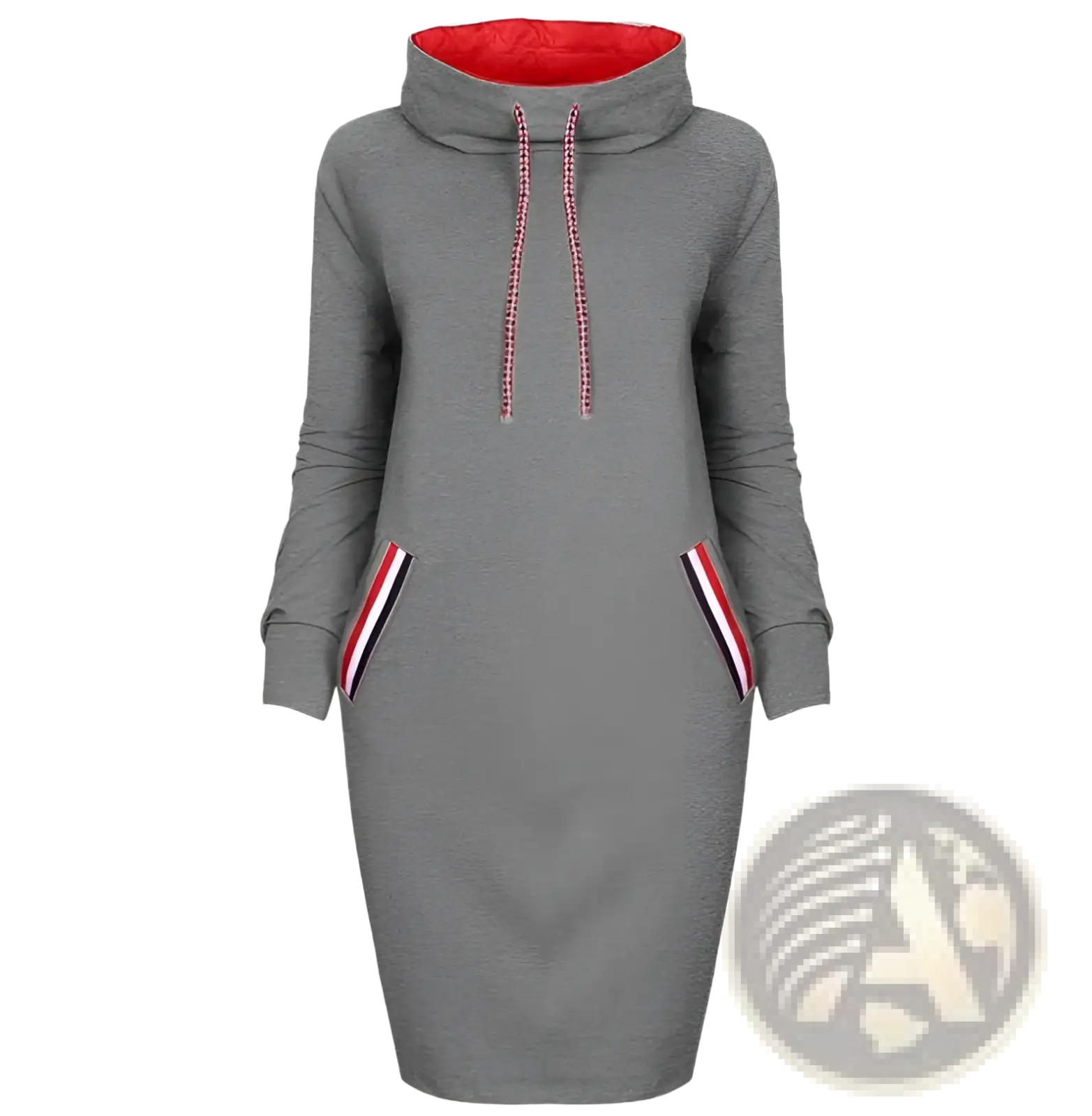 Women’s long sleeve high collar hooded midi dress in gray with red interior lining and striped pocket trim