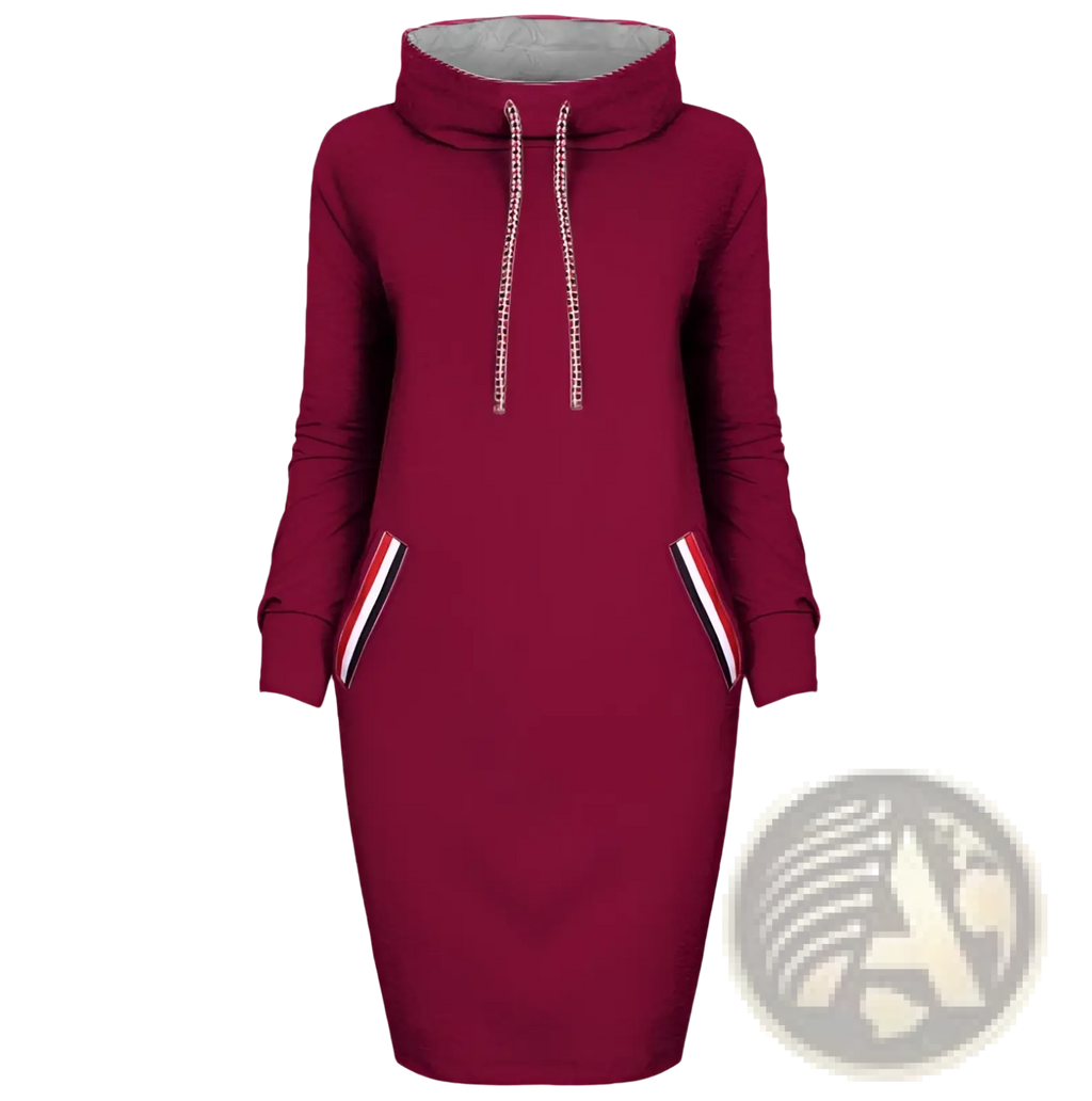 Women’s maroon long sleeve high collar hooded knit midi dress with striped pocket accents and drawstring detailing