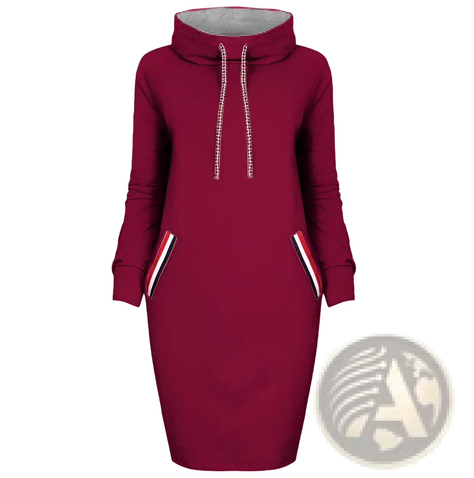 Women’s maroon long sleeve high collar hooded knit midi dress with striped pocket accents and drawstring detailing