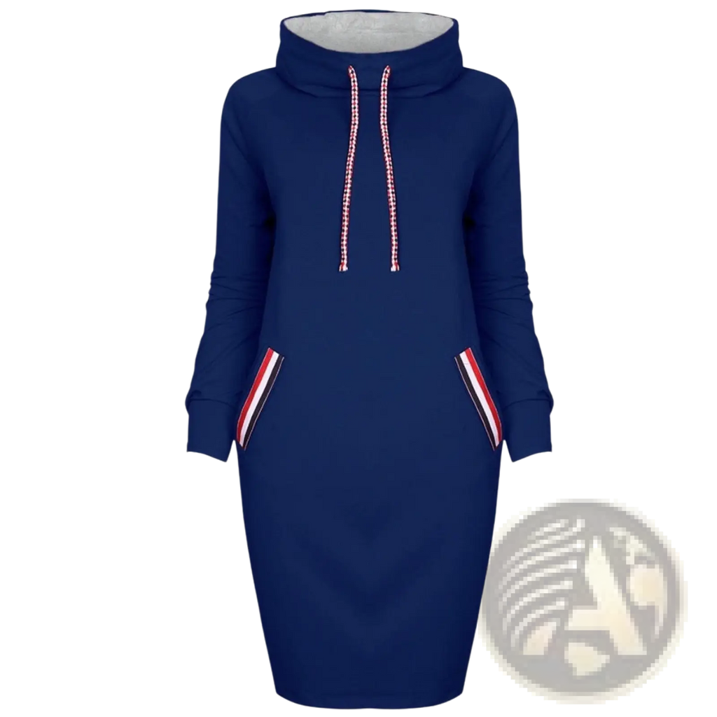 Navy blue women’s long sleeve high collar hooded midi dress with red white and black striped trim on pockets and drawstrings