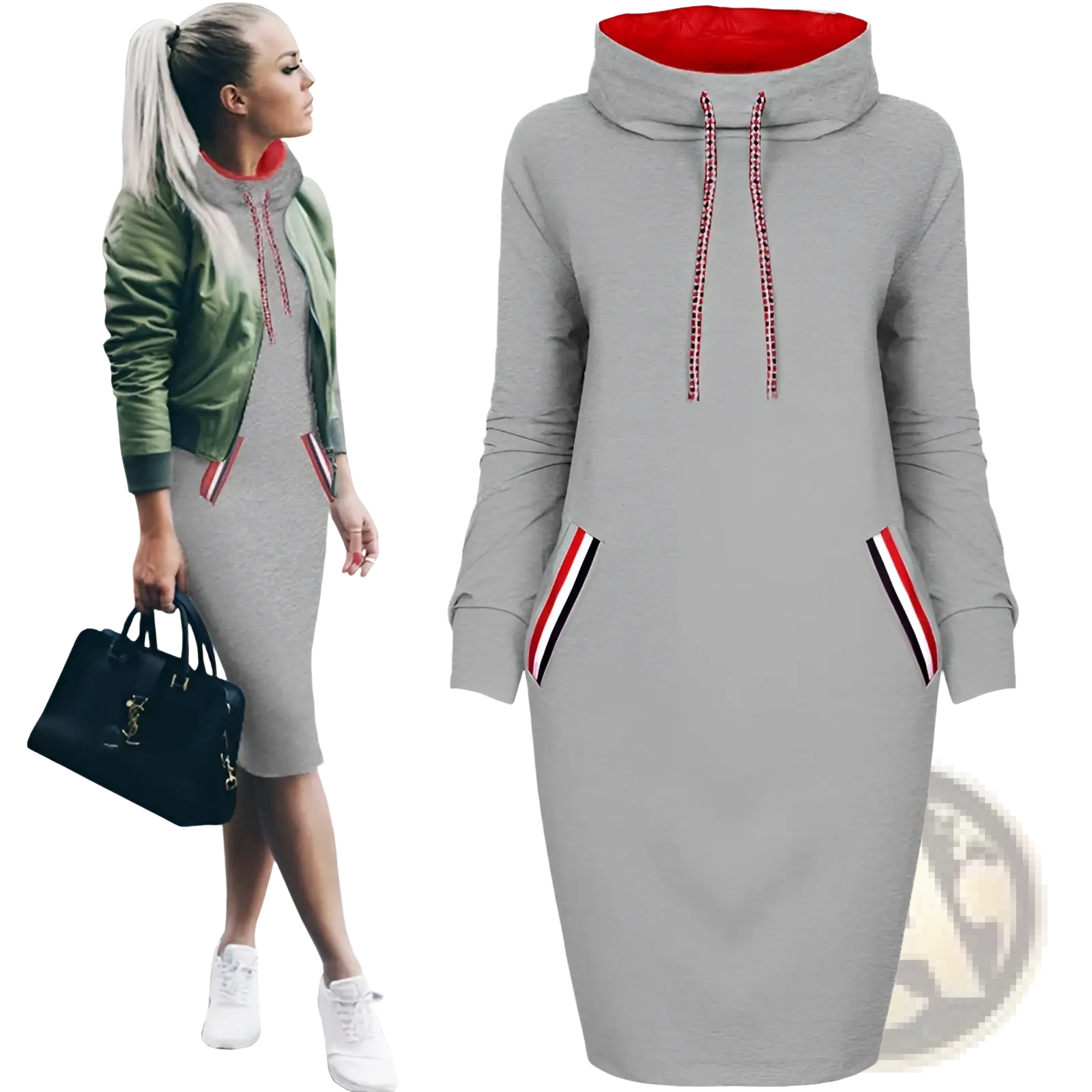 Women’s long sleeve high collar gray hooded midi dress with red-lined collar and striped pockets