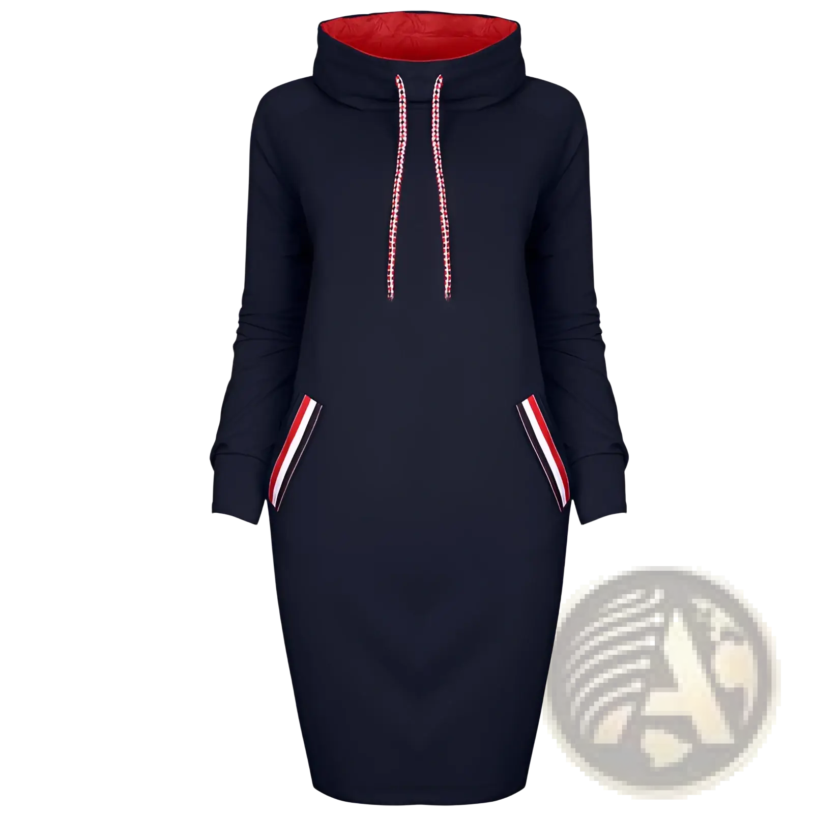 Navy blue long sleeve high collar hooded midi dress with red-lined collar and striped pockets for women