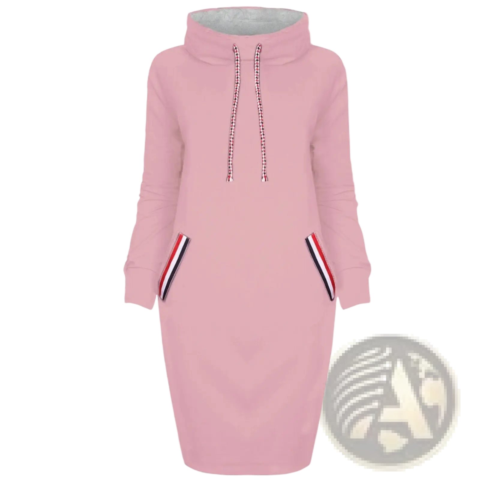 A soft pink women’s long sleeve high collar hooded midi dress with drawstrings featuring red and white beads