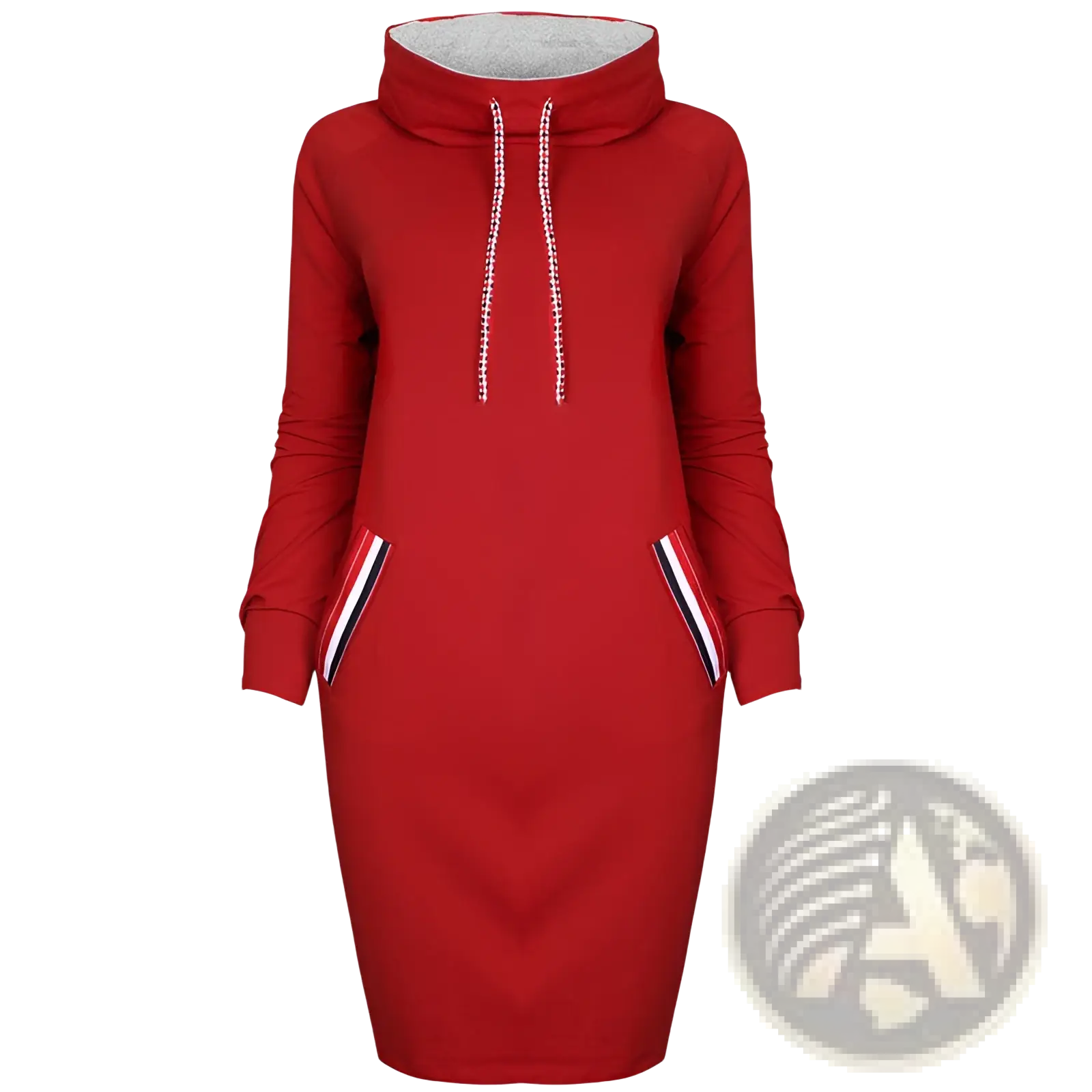 Women’s long sleeve high collar hooded midi dress in red with white and black striped pocket trim and cozy gray collar lining