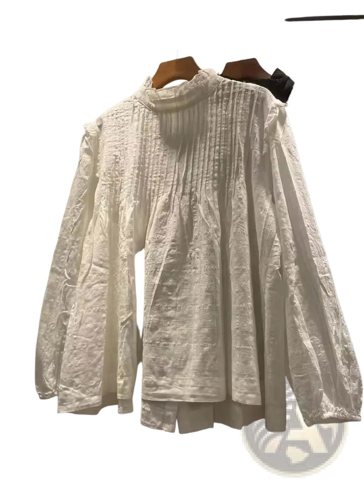 White textured women’s long sleeve blouse with stand collar and ruffled sleeves for elegant wear