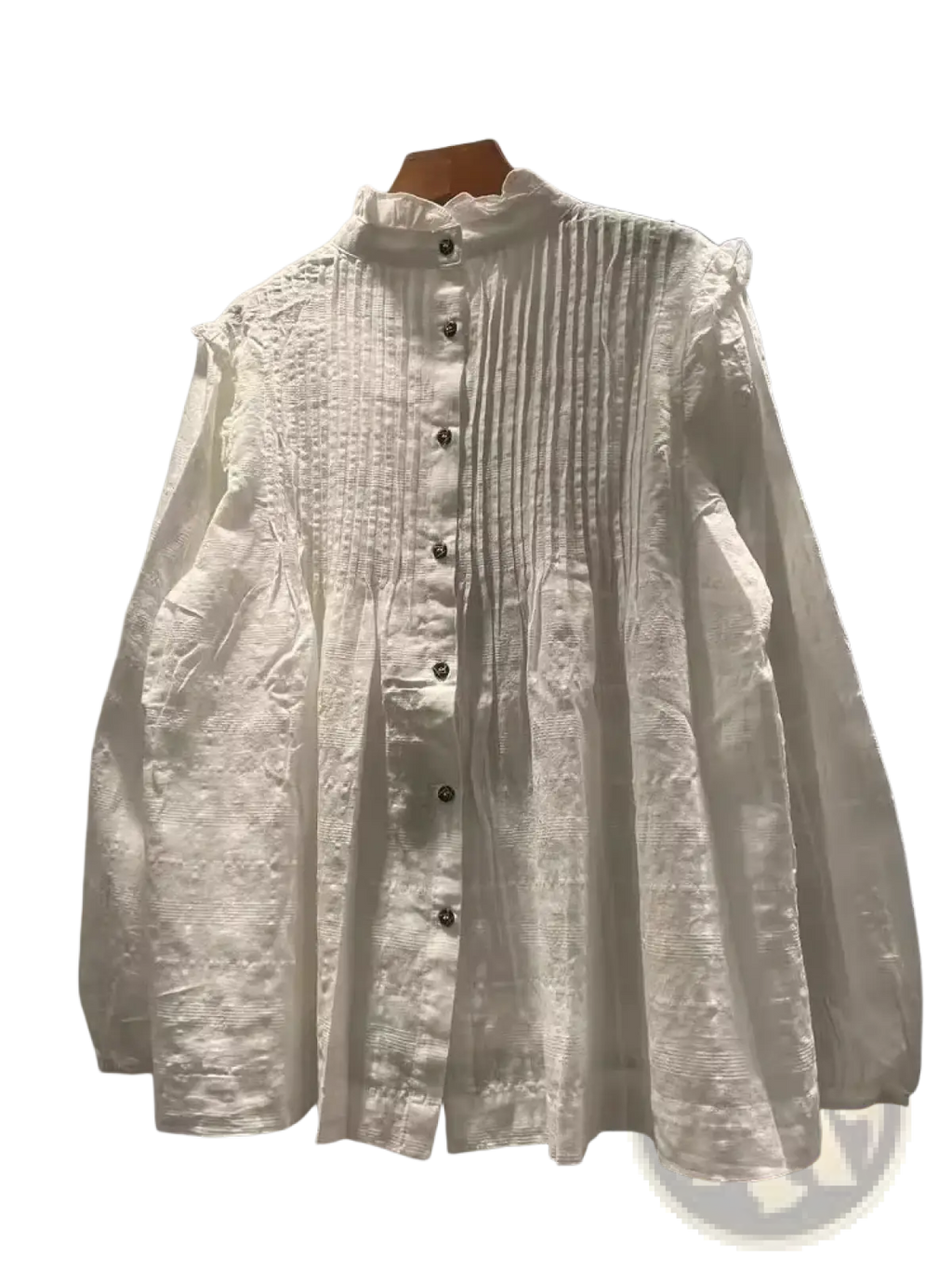 White textured long sleeve blouse with stand collar and button-down front for women in formal wear