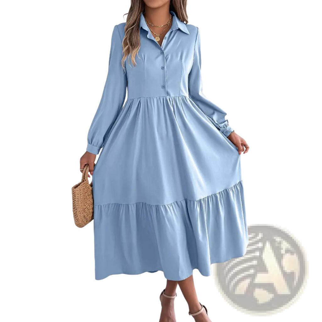 A light blue long sleeve tiered button down midi dress with collar in soft breathable fabric for women