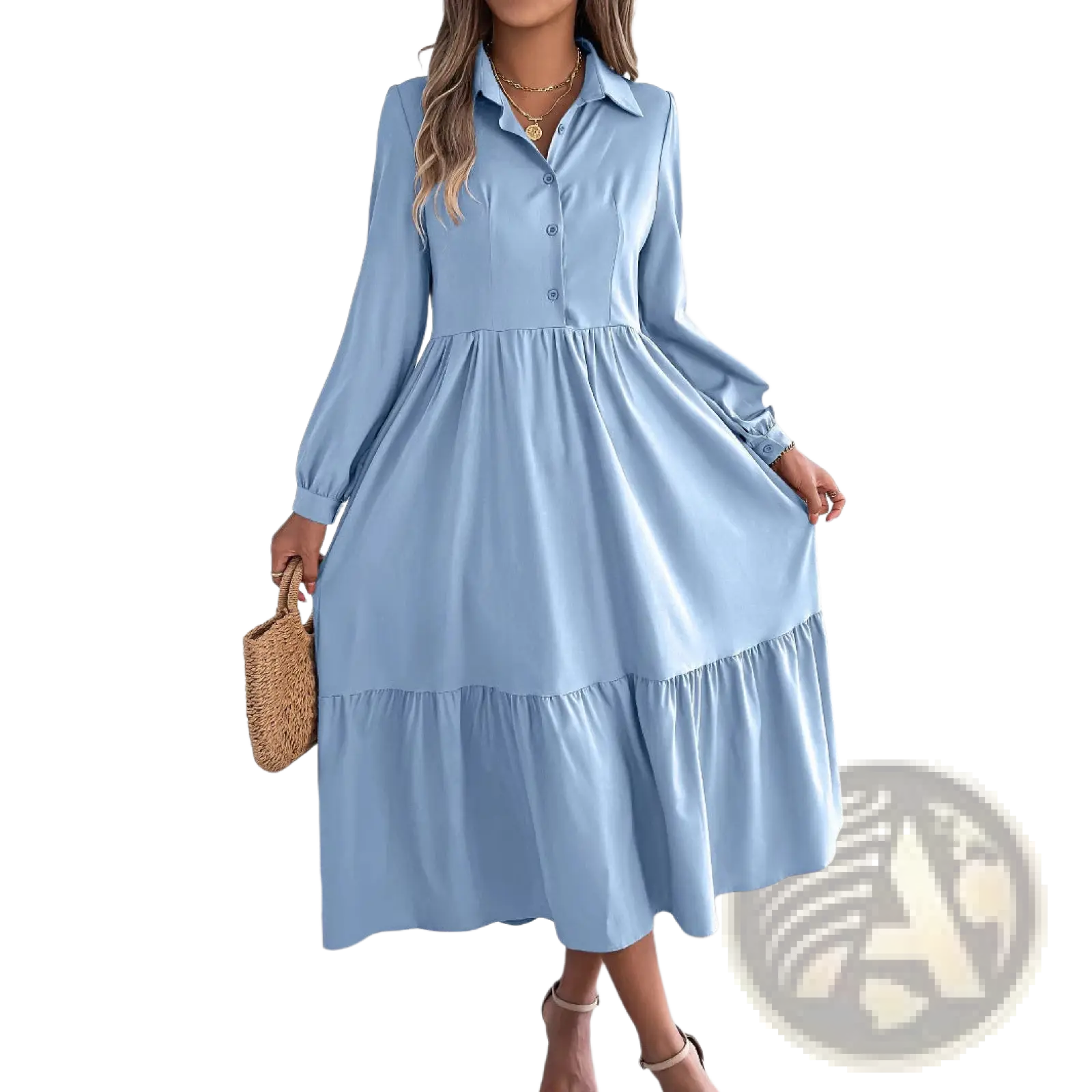 A light blue long sleeve tiered button down midi dress with collar in soft breathable fabric for women