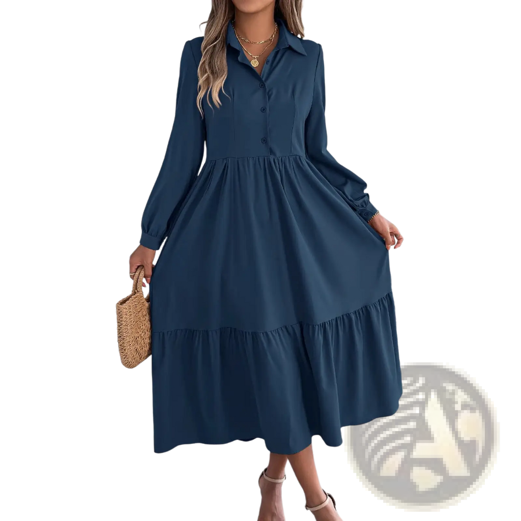 A navy blue long sleeve tiered button down midi dress with collar designed for women’s casual or formal wear