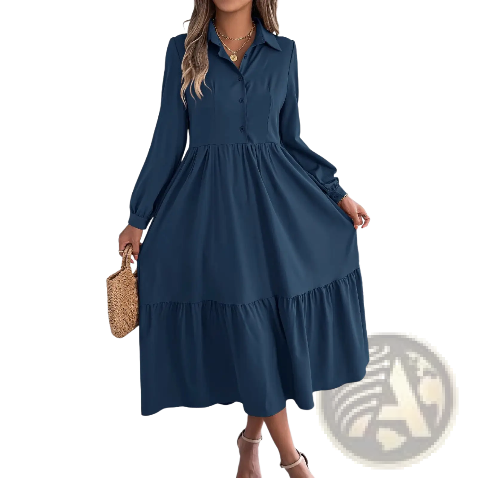 A navy blue long sleeve tiered button down midi dress with collar designed for women’s casual or formal wear