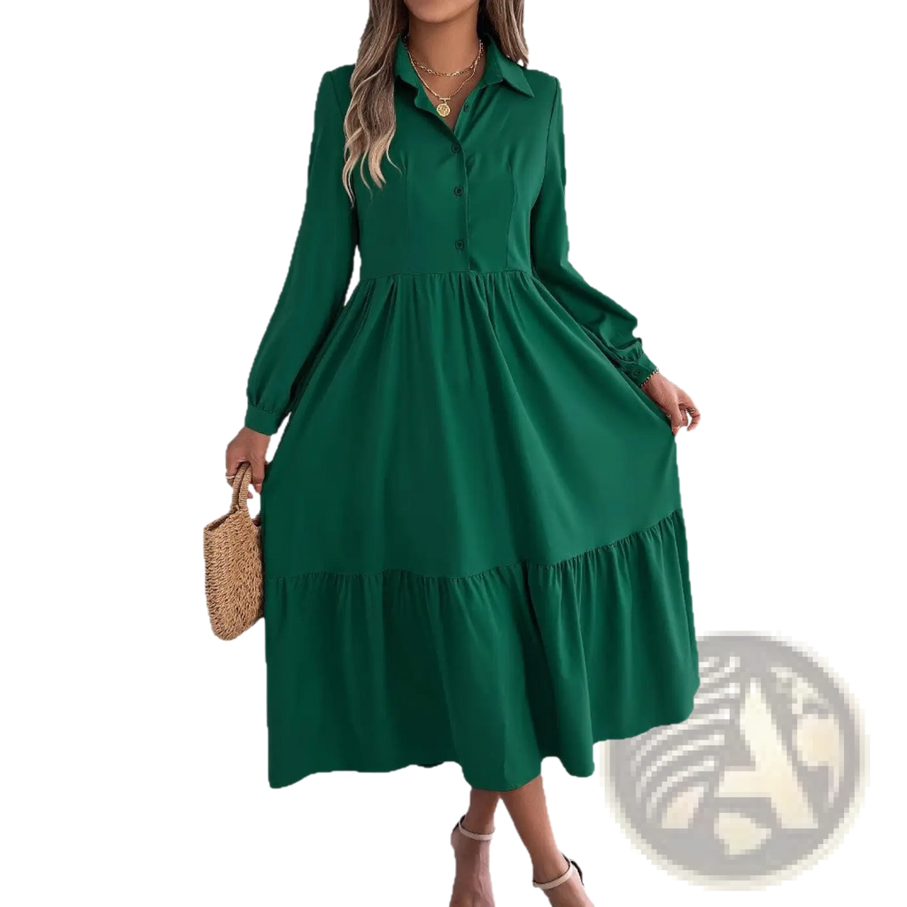 Women’s long sleeve tiered button down midi dress in emerald green with collared neckline and button-front closure