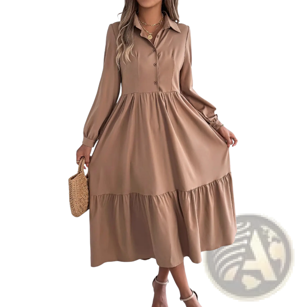 A soft beige long sleeve tiered button down midi dress with collar made for women’s casual and semi formal wear