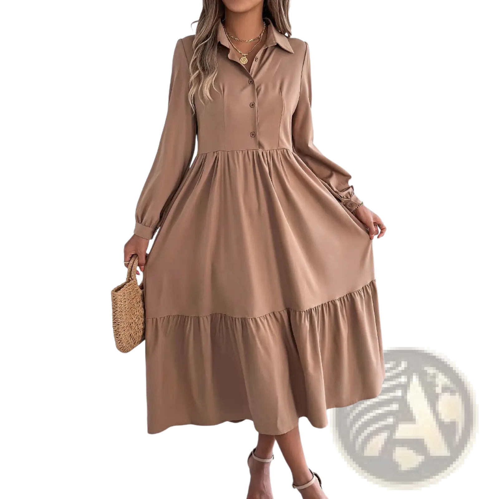 A soft beige long sleeve tiered button down midi dress with collar made for women’s casual and semi formal wear