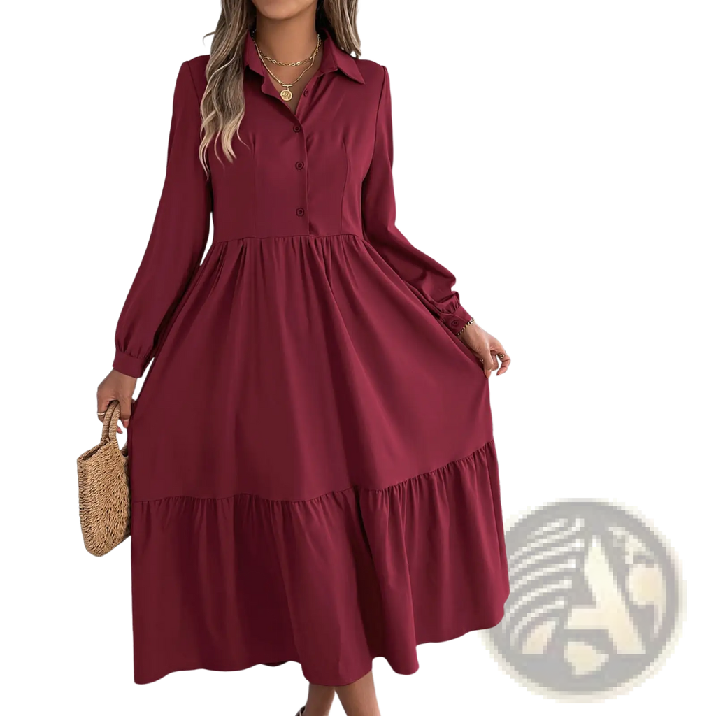 Women’s long sleeve button-front midi dress in rich burgundy with tiered ruffles and gathered detailing