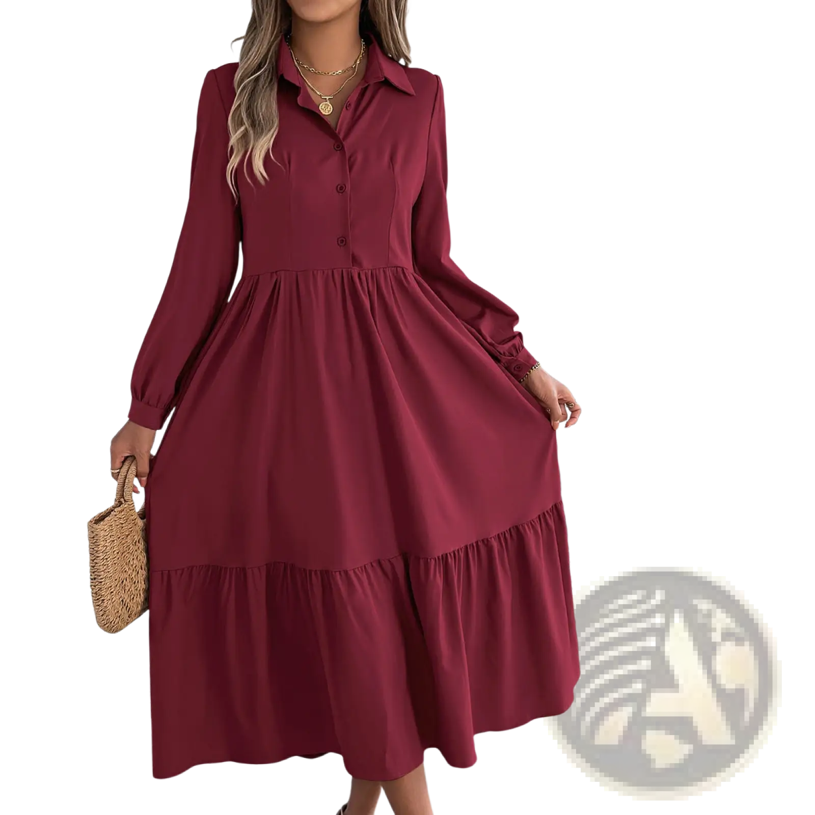 Women’s long sleeve button-front midi dress in rich burgundy with tiered ruffles and gathered detailing